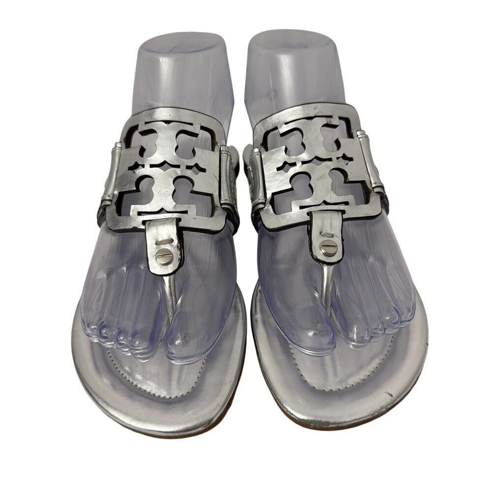 Tory Burch Miller Sandals Womens Size 6.5 Silver Metallic Leather Flat - Picture 2 of 13